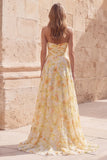 Yellow Strapless Printed Ruched A Line Prom Dress with Slit