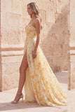 Yellow Strapless Printed Ruched A Line Prom Dress with Slit