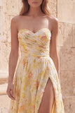 Yellow Strapless Printed Ruched A Line Prom Dress with Slit
