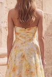 Yellow Strapless Printed Ruched A Line Prom Dress with Slit