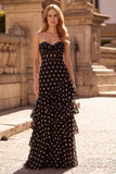 Black Polka Dot Strapless Tiered Corset Long Prom Dress