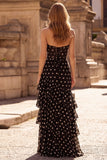Black Polka Dot Strapless Tiered Corset Long Prom Dress