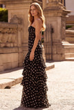 Black Polka Dot Strapless Tiered Corset Long Prom Dress
