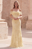 Off the Shoulder Mermaid Appliqued Yellow Maxi Prom Dress