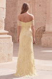 Off the Shoulder Mermaid Appliqued Yellow Maxi Prom Dress