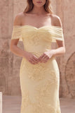 Off the Shoulder Mermaid Appliqued Yellow Maxi Prom Dress