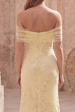 Off the Shoulder Mermaid Appliqued Yellow Maxi Prom Dress