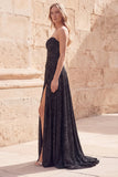 Metallic Strapless Black Ruched Maxi Prom Dress