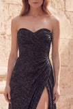 Metallic Strapless Black Ruched Maxi Prom Dress