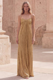 Gold Metallic Pleated Spaghetti Straps Maxi Prom Dress