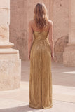 Gold Metallic Pleated Spaghetti Straps Maxi Prom Dress