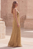 Gold Metallic Pleated Spaghetti Straps Maxi Prom Dress