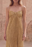 Gold Metallic Pleated Spaghetti Straps Maxi Prom Dress