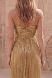 Gold Metallic Pleated Spaghetti Straps Maxi Prom Dress