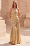 Strapless Metallic Gold Ruched A Line Maxi Prom Dress