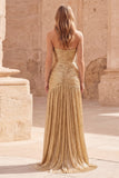 Strapless Metallic Gold Ruched A Line Maxi Prom Dress