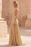 Strapless Metallic Gold Ruched A Line Maxi Prom Dress