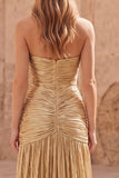 Strapless Metallic Gold Ruched A Line Maxi Prom Dress