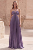 Purple Metallic Halter Cut Out A Line Pleated Maxi Prom Dress