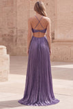 Purple Metallic Halter Cut Out A Line Pleated Maxi Prom Dress