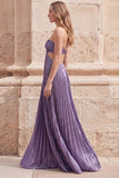 Purple Metallic Halter Cut Out A Line Pleated Maxi Prom Dress