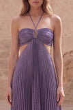 Purple Metallic Halter Cut Out A Line Pleated Maxi Prom Dress