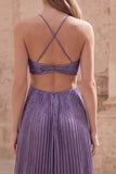 Purple Metallic Halter Cut Out A Line Pleated Maxi Prom Dress