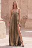 Metallic Strapless Dark Gold Pleated Prom Dress with Slit