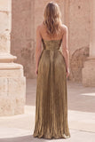 Metallic Strapless Dark Gold Pleated Prom Dress with Slit