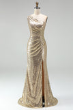 Sparkly One Shoulder Gold Ruched Mermaid Prom Dress