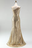 Sparkly One Shoulder Gold Ruched Mermaid Prom Dress