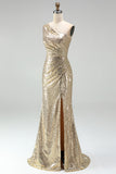Sparkly One Shoulder Gold Ruched Mermaid Prom Dress