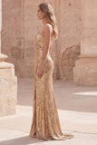 Sparkly One Shoulder Gold Ruched Mermaid Prom Dress