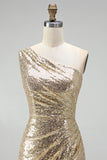 Sparkly One Shoulder Gold Ruched Mermaid Prom Dress