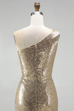 Sparkly One Shoulder Gold Ruched Mermaid Prom Dress