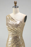 Sparkly One Shoulder Gold Ruched Mermaid Prom Dress