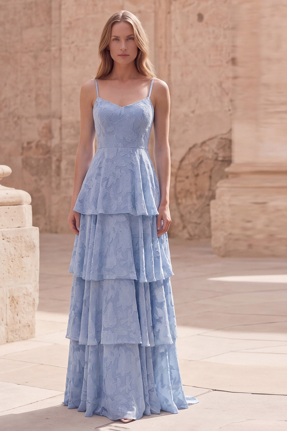 Wedtrend Women Dusty Blue Bridesmaid Dress Jacquard A Line Tiered Spaghetti Straps Maxi Wedding Guest Dress, Dusty Blue / US4