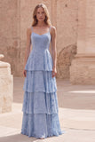 Tiered Jacquard A Line Dusty Blue Bridesmaid Dress