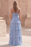 Tiered Jacquard A Line Dusty Blue Bridesmaid Dress