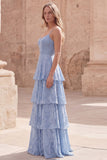 Tiered Jacquard A Line Dusty Blue Bridesmaid Dress