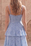 Tiered Jacquard A Line Dusty Blue Bridesmaid Dress