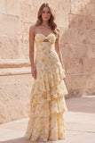 Strapless Yellow Tiered Cut Out Floral Prom Dress