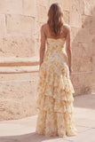 Strapless Yellow Tiered Cut Out Floral Prom Dress