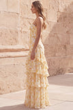 Strapless Yellow Tiered Cut Out Floral Prom Dress