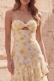 Strapless Yellow Tiered Cut Out Floral Prom Dress
