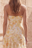 Strapless Yellow Tiered Cut Out Floral Prom Dress