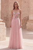 Pink Strapless A Line Appliqued Tulle Prom Dress