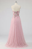 Pink Strapless A Line Appliqued Tulle Prom Dress