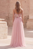 Pink Strapless A Line Appliqued Tulle Prom Dress