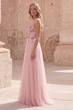 Pink Strapless A Line Appliqued Tulle Prom Dress